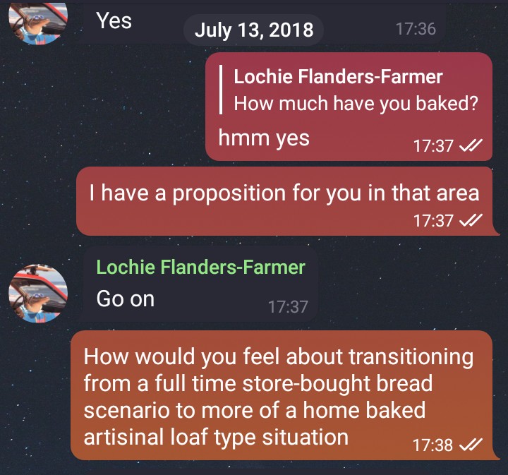 chat transcript: lochie: how much have you baked? rocky: hmm yes, I have a proposition for you in that area. lochie: go on. rocky: How would you feel about transitioning from a full time store-bought bread scenario to more of a home baked artisinal loaf type situation